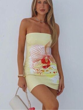 Strapless Yellow Floral Bodycon Dress
